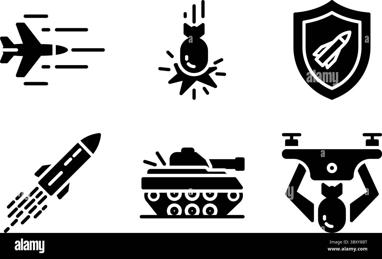 set of icons representing military actions such as missile, drone ...