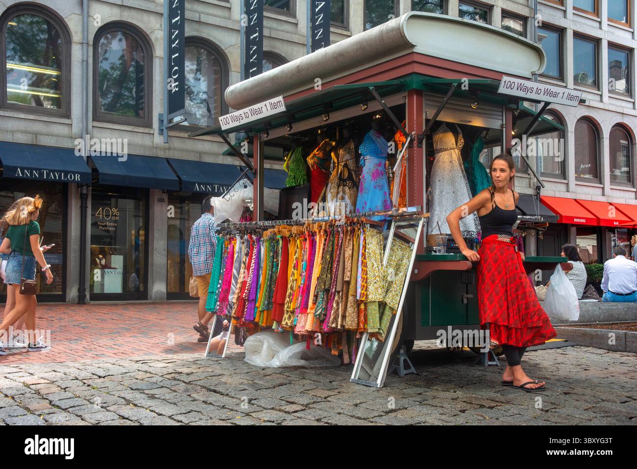 August 18, 2018, Boston, Massachusetts, USA: Shops in South Market Annex to Quincy Market and Faneuil Hall in Freedom Trail Boston Massachusetts. Built in early 1800s as one of the largest market complexes in first half 19th century (Credit Image: © Sergi Reboredo/ZUMA Press Wire) Stock Photo