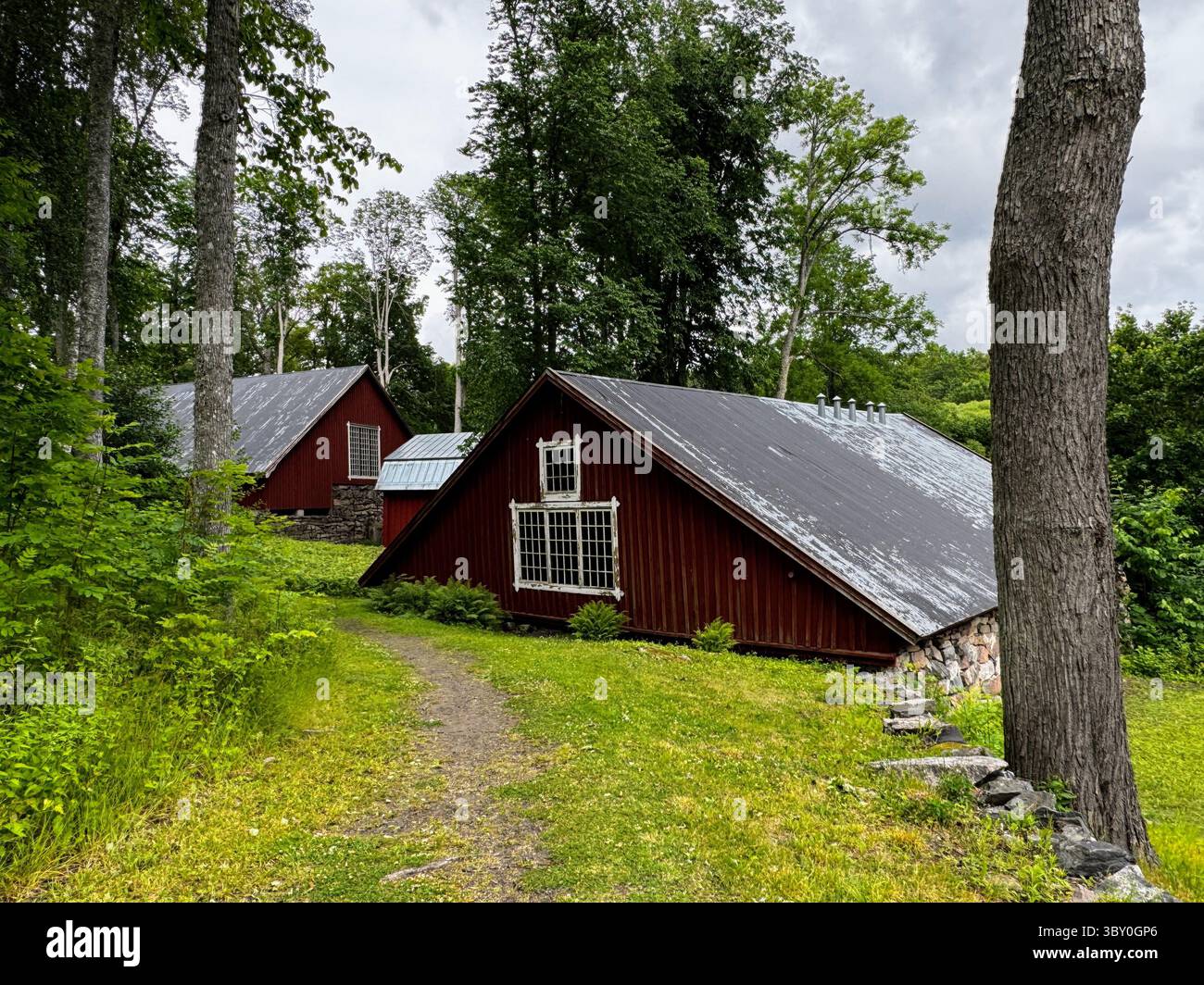 Fagervik: Stone and brick archway under old barn roof, surrounded by summer plants and rustic countryside charm. - Smartphone Captured Stock Image