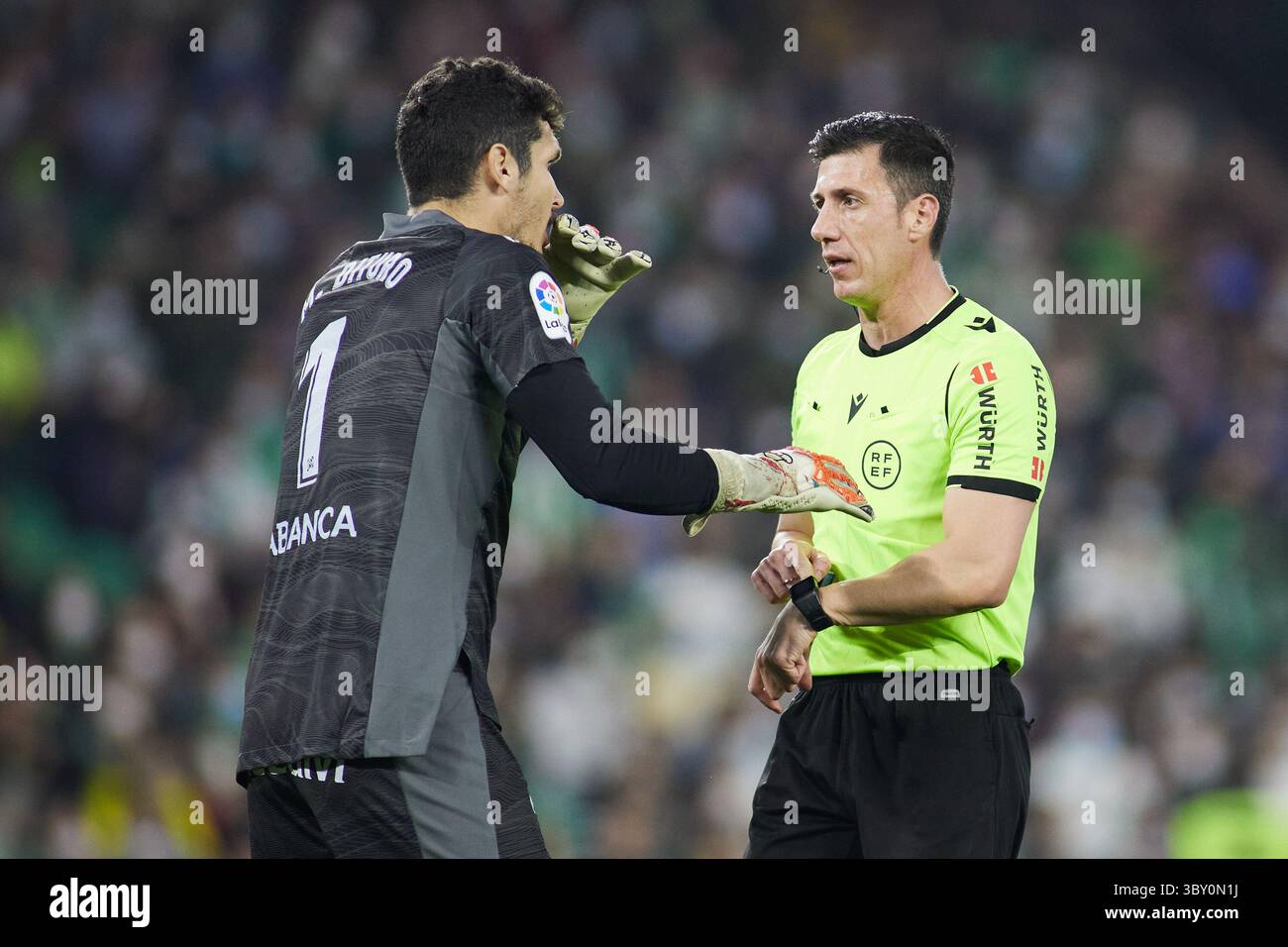 January 2, 2022, SEVILLA, SEVILLA, SPAIN: Matias Dituro of RC Celta de Vigo and Soto Grado, referee, gestures during the spanish league, La Liga Santander, football match played between Real Betis and RC Celta de Vigo at Benito Villamarin stadium on January 2, 2022, in Sevilla, Spain. (Credit Image: © Joaquin Corchero/AFP7 via ZUMA Press Wire) Stock Photo