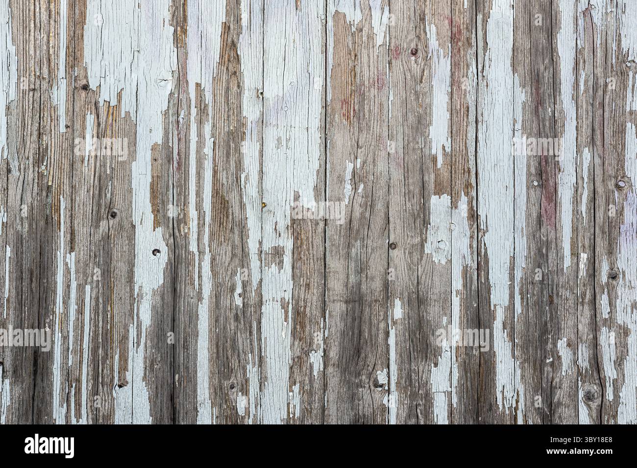 Background from an old and worn plank wall with peeling paint Stock Photo