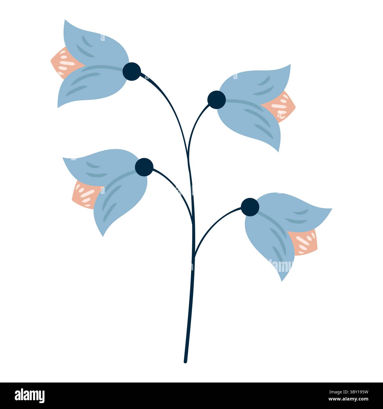 Floral Branch With Four Blue Flower Buds And Thin Stems. Delicate cartoon wild plant. Cute nature herb perfect for invitations, cards, posters Stock Vector