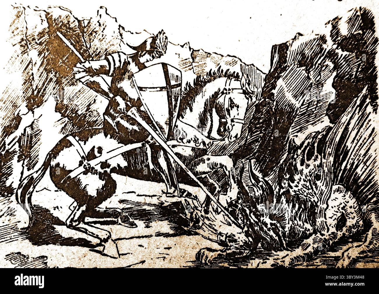 GEORGE AND THE DRAGON -- A 1915 illustration of St George killing the dragon. Stock Photo