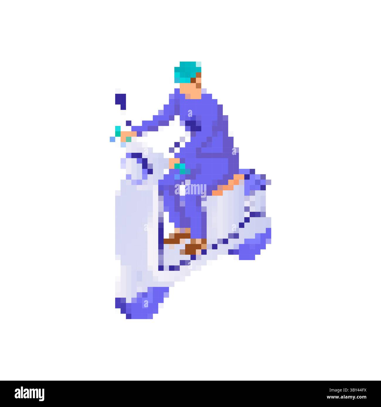Mosaic pixel art scooter rider in retro style with blue and purple ...