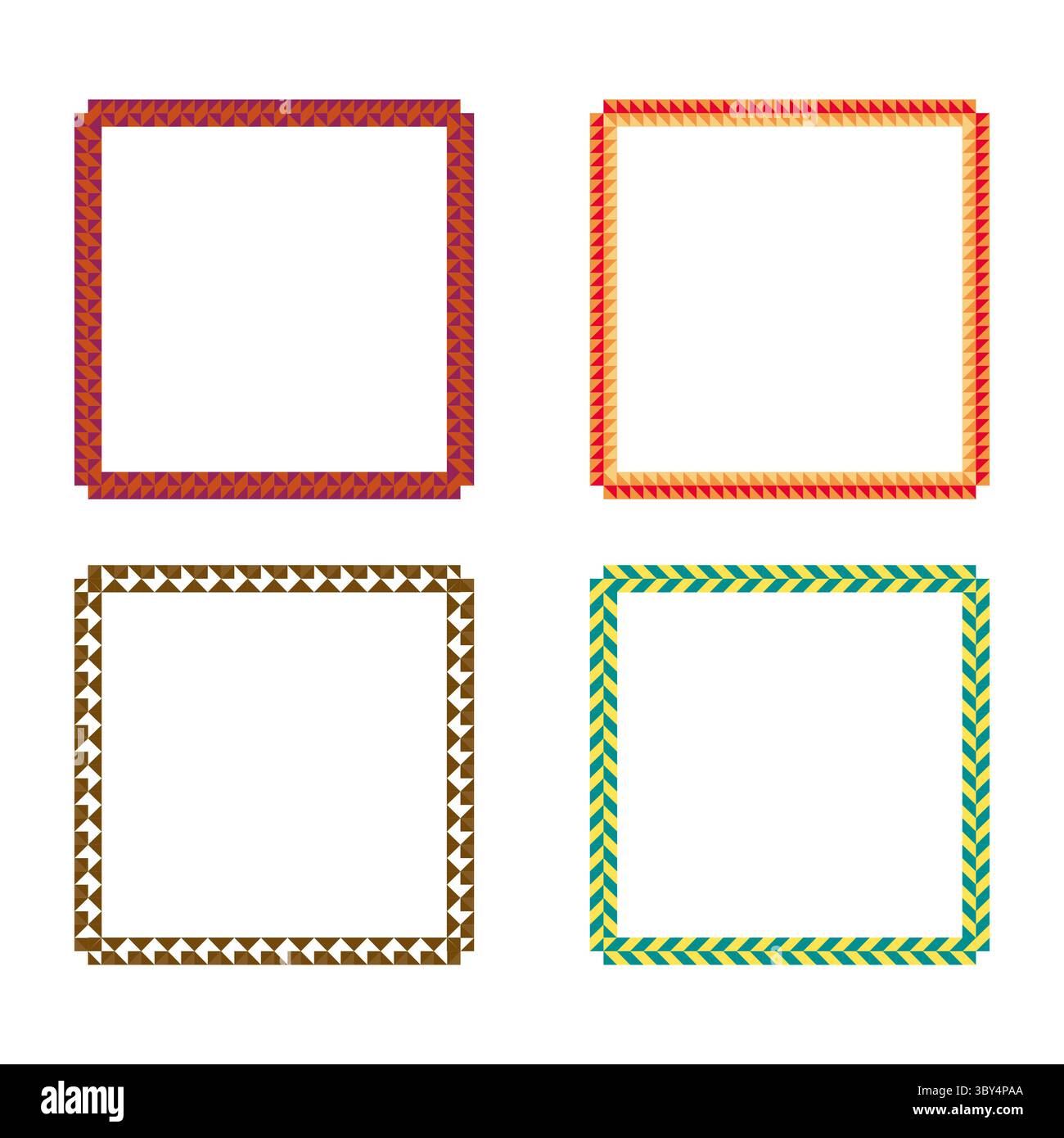 Patterned square borders. Triangle colorful shapes. Vector graphic frames. Decorative corner icons. Stock Vector