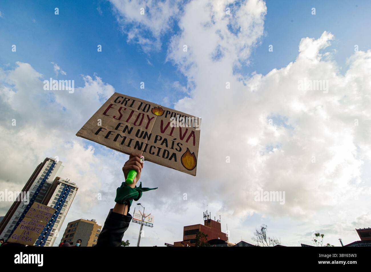 March 8, 2022, Bogota, Cundinamarca, Colombia: A demonstrator holds a sign against feminicides in Colombia that reads 'I scream because I am alive in a country where women die' as women participate in the international womes day demonstrations in Bogota, Colombia on March 8, 2022. (Credit Image: © Chepa Beltran/LongVisual via ZUMA Press Wire) Stock Photo