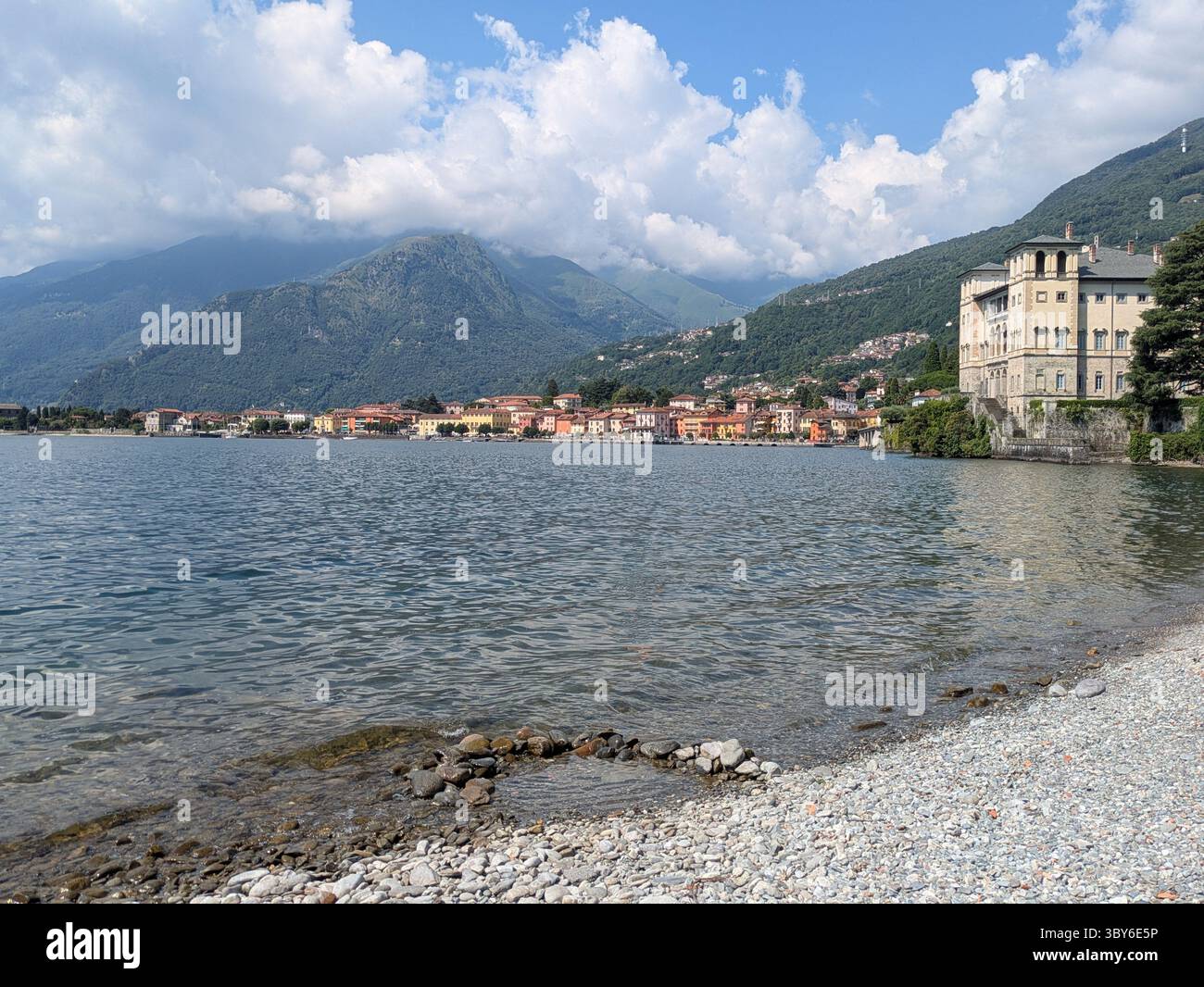 gravel beach at Gravedona lake como Stock Photo