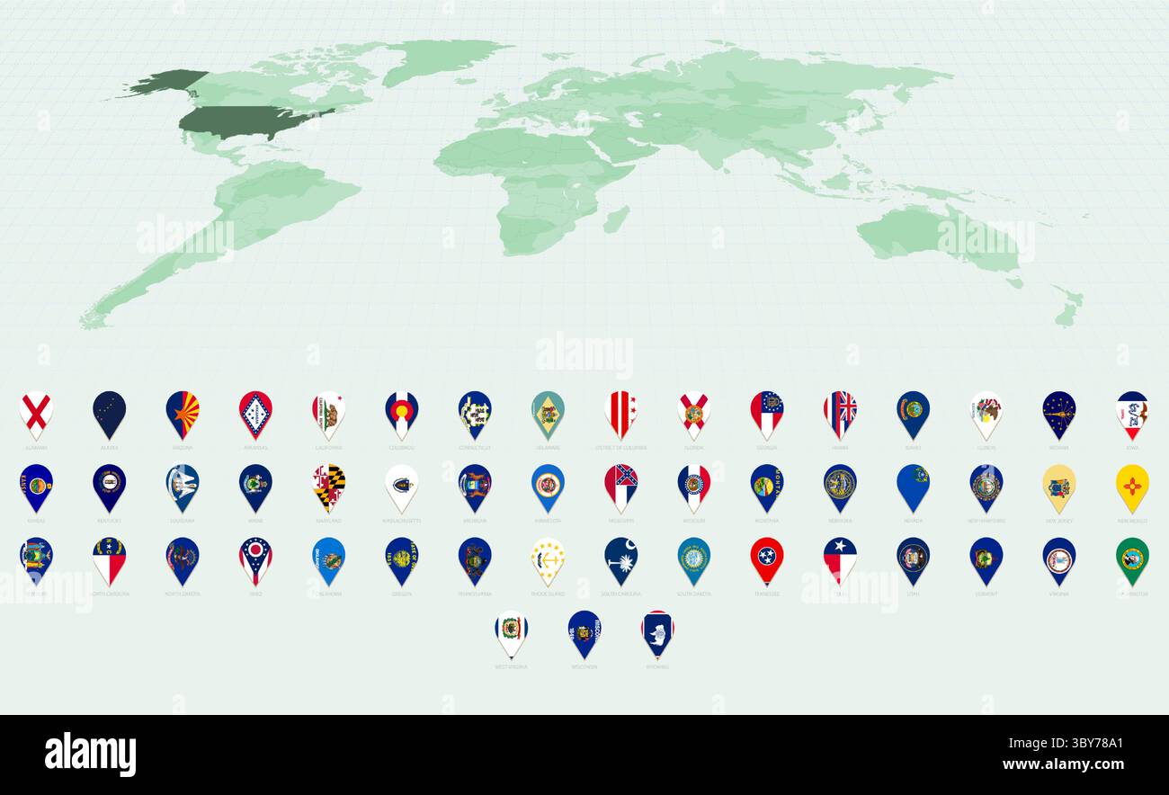 Stylish Vertical Pin Icons Showcasing US State Flags. Vector flag collection Stock Vector Image ...