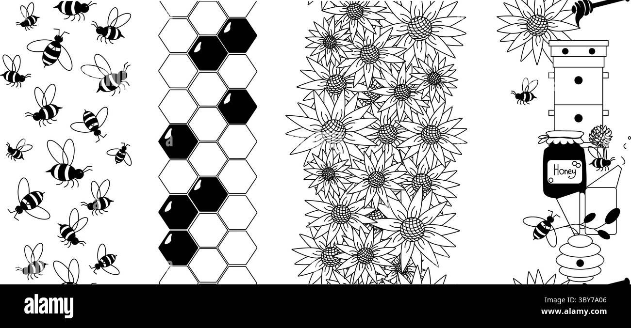 Honey, bees, honeycombs, flowers vertical seamless border set. Vector ...