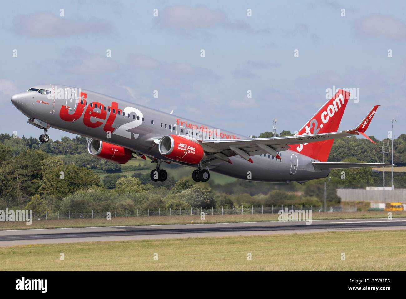 A Jet2 Boeing 737-800, G-DRTV, taking off from Bristol Airport in England. Stock Photo