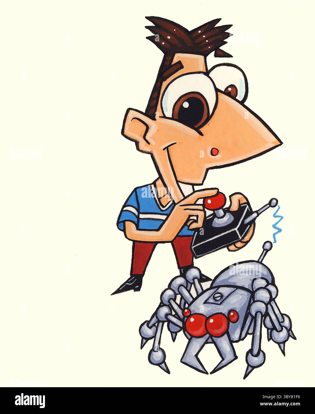 Cartoon art man diagnosing fixing a computer bug, illustrating software patches, software fixes, software issues, computing, updating software bug fix Stock Photo