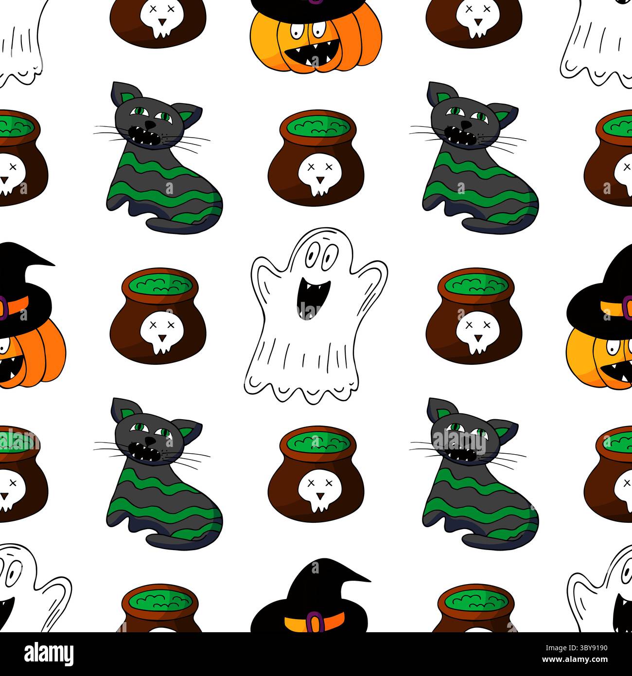 Halloween seamless pattern in hand draw style. Pumpkin, ghosts, witch hat.eps Stock Vector