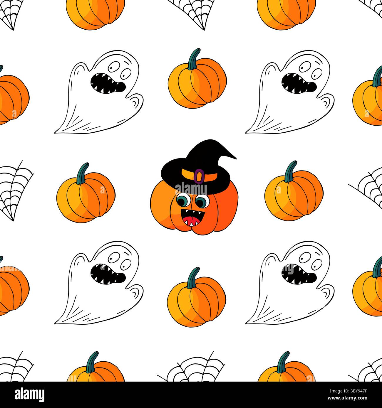 Halloween seamless pattern in hand draw style. Wallpaper. Pumpkin, ghosts, witch hat Stock Vector