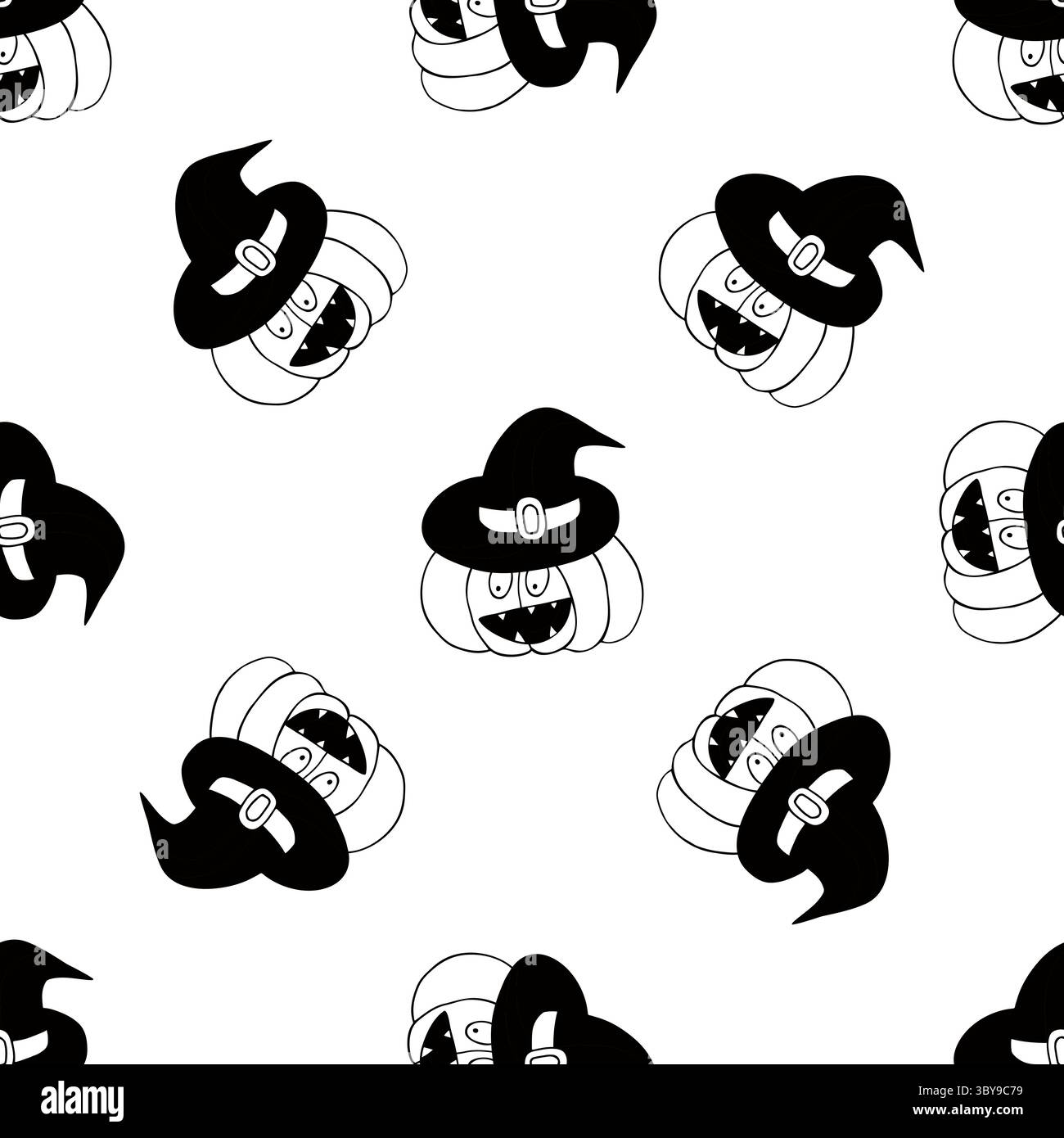 Halloween seamless pattern in hand draw style. Pumpkin in witch hat. Monochrome wallpaper for your creativity Stock Vector