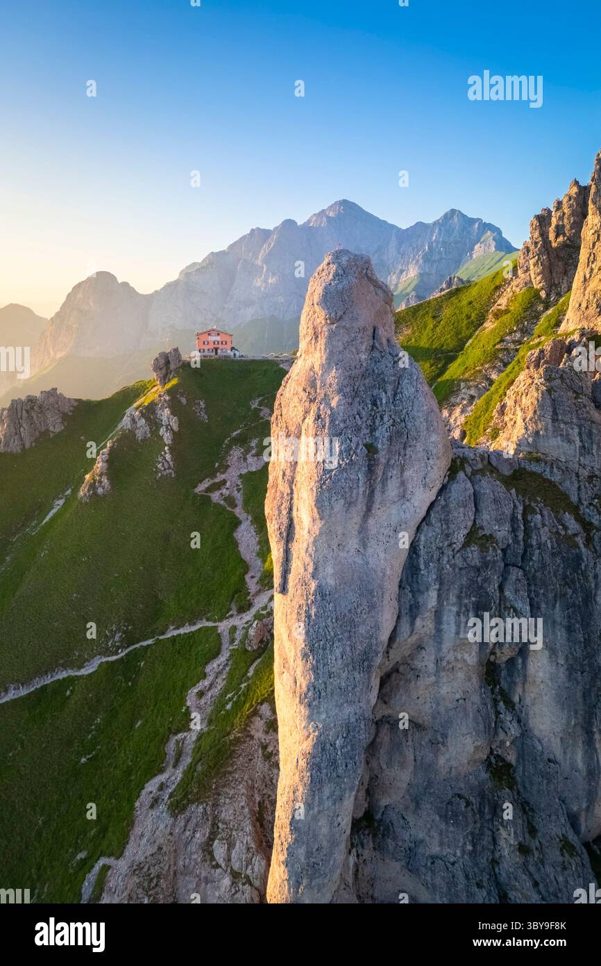 Aerial view of the Rifugio Rosalba and Grigna in summer at sunset. Piani Resinelli, Lecco, Lombardy, Italy. Stock Photo