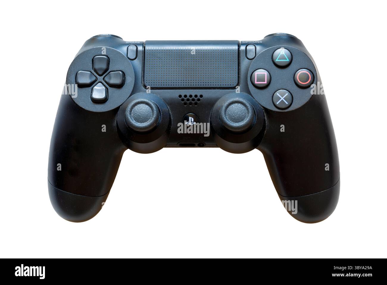 black Sony Playstation PS4 controller DualShock 4 isolated on white background for video gaming gameplay Stock Photo