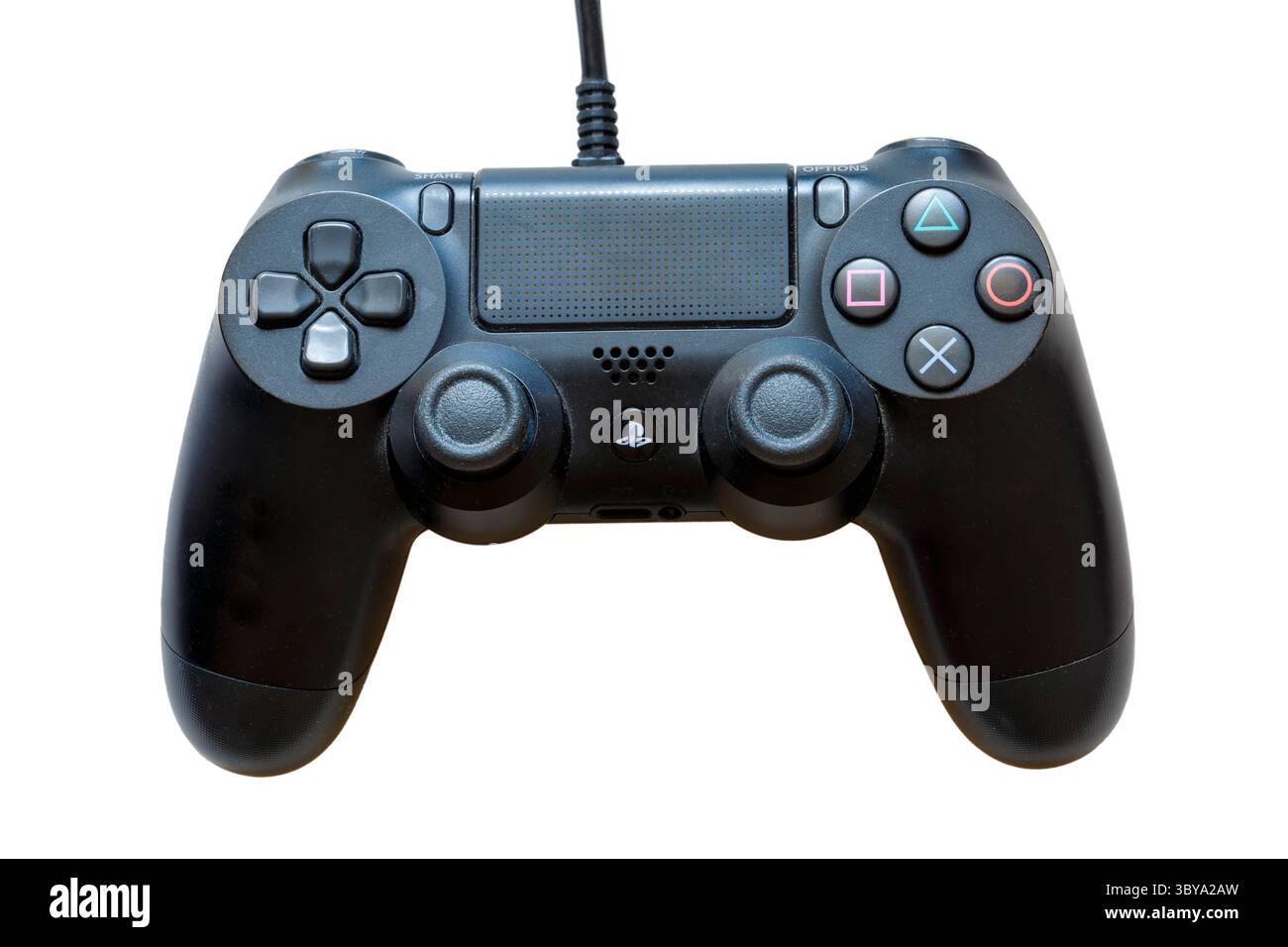 black Sony Playstation PS4 controller DualShock 4 set on white background for video gaming gameplay Stock Photo