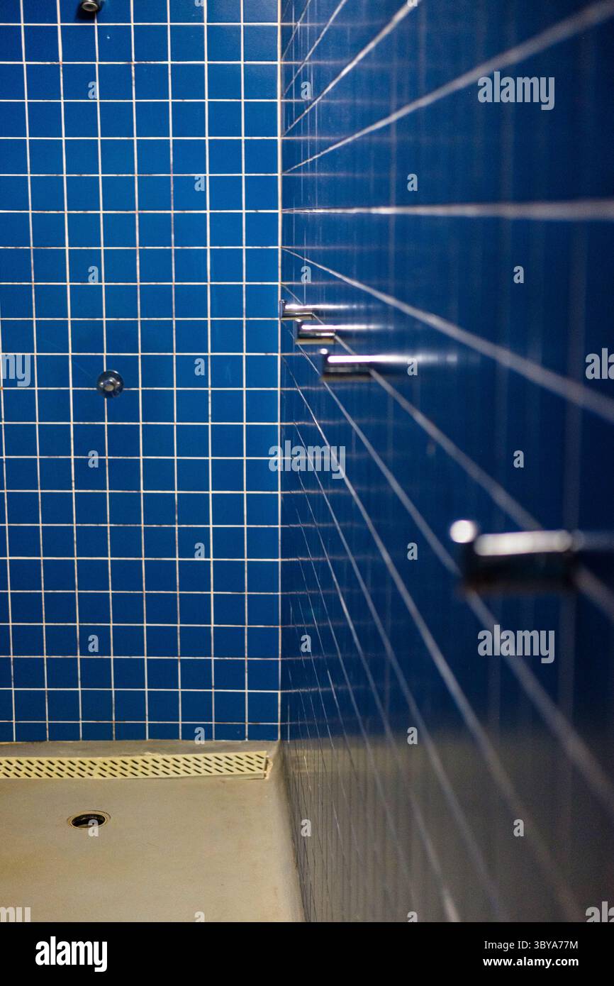 Blue Tiled Shower Stall Clean Public Facility Stock Photo