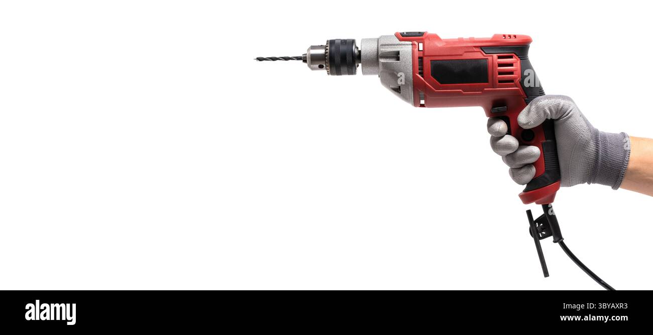 Electric drill in hand man on white background Stock Photo