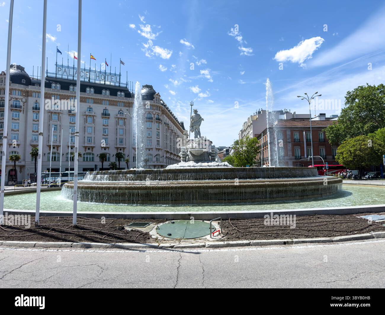 Fuente de Neptuno in Plaza de Cánovas del Castillo (commonly called Plaza de Neptuno), on Paseo del Prado, Madrid, Spain - Smartphone Captured Stock Image