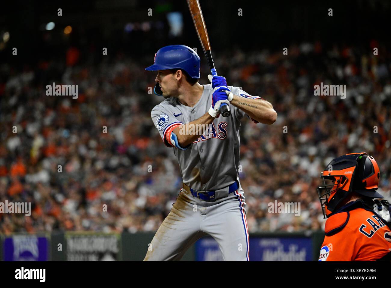 Texas Rangers catcher Jonah Heim (28) bats in the third inning during ...