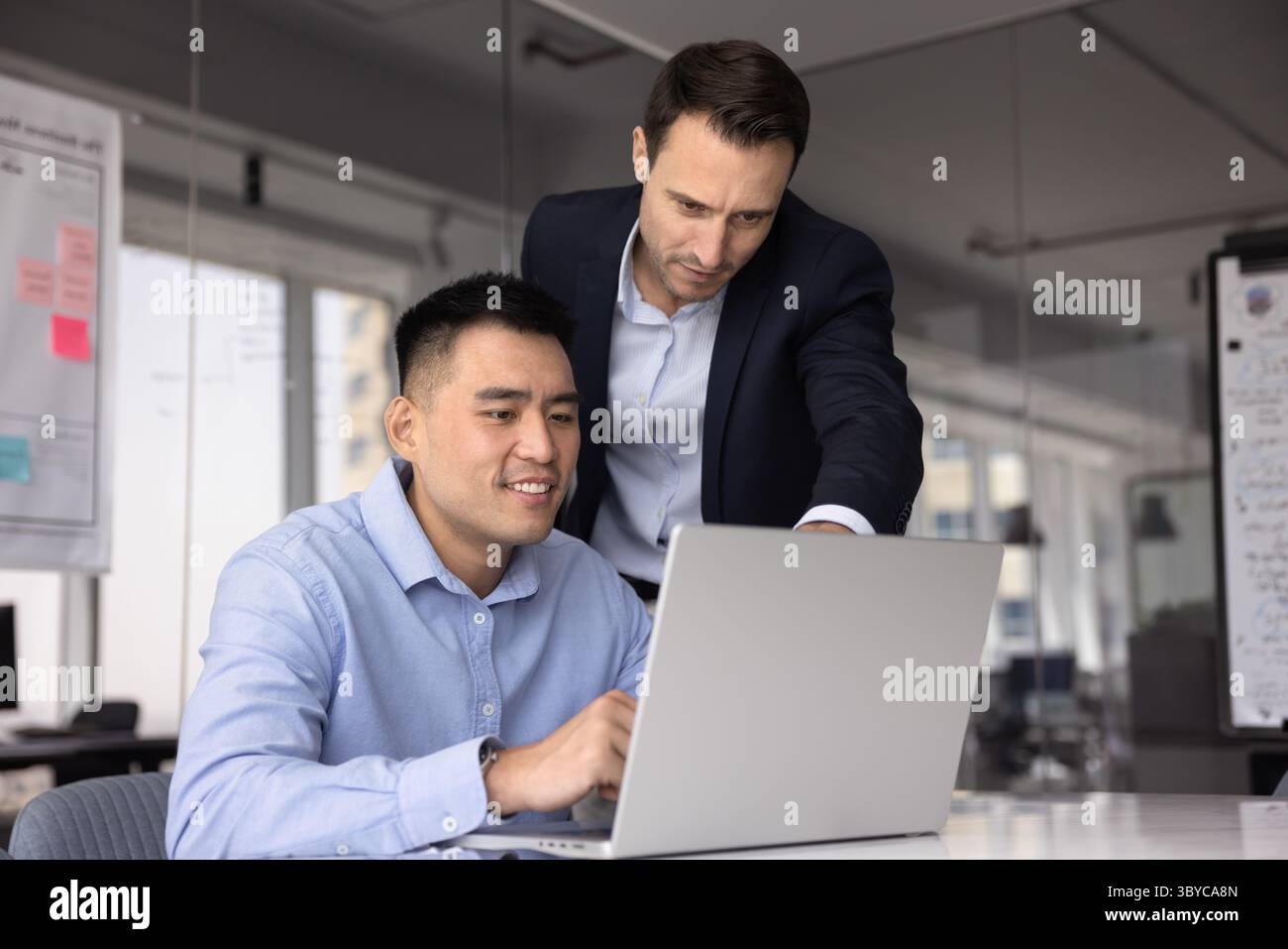 Two teammates collaborating on project using laptop Stock Photo
