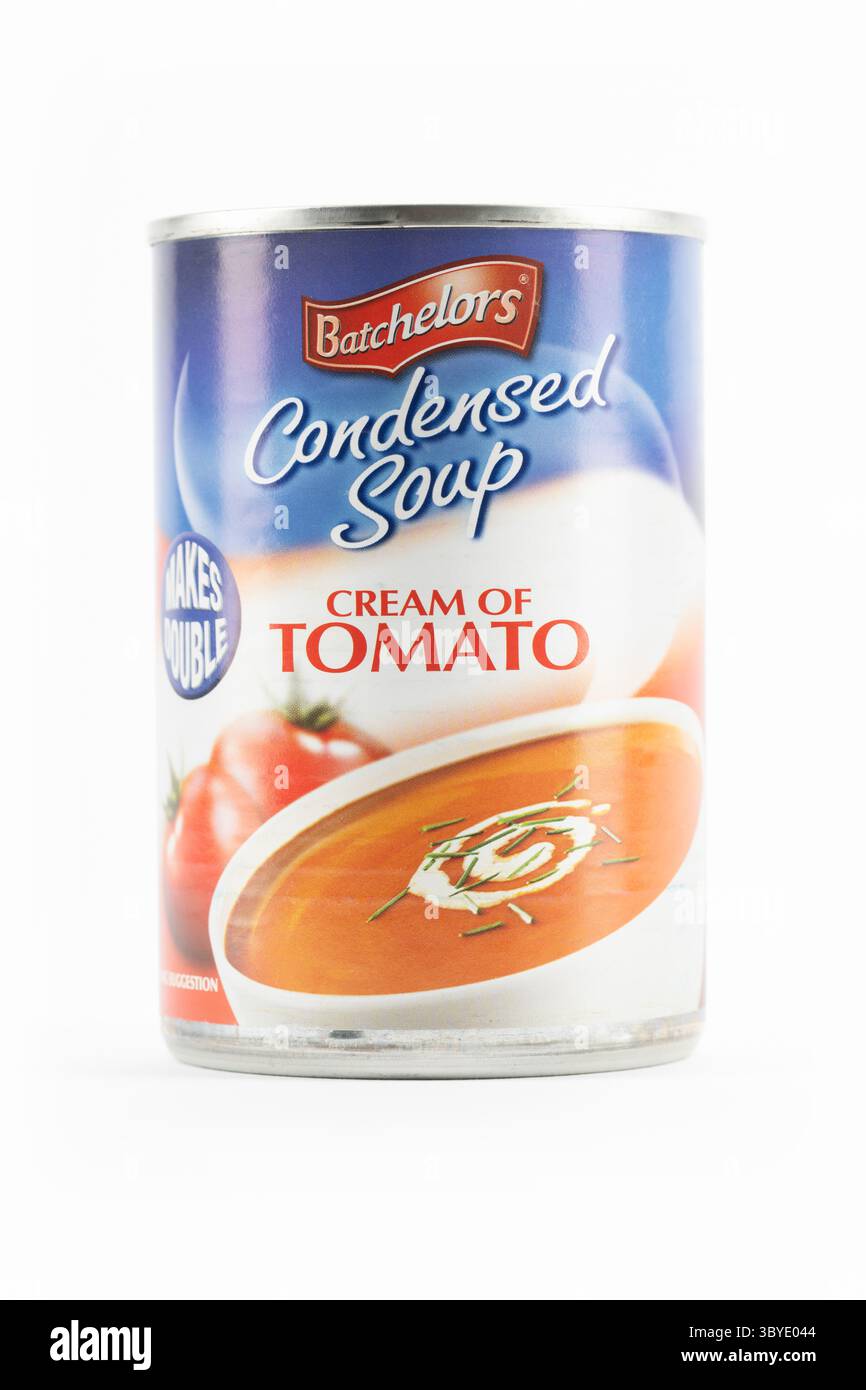 A studio shot of a can of Batchelors cream of tomato condensed soup on a white background. Stock Photo