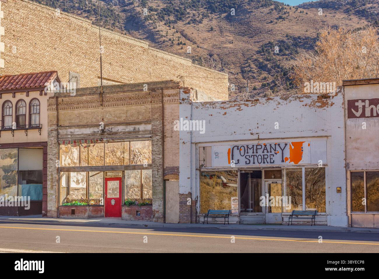Eureka, Utah,USA - November 9, 2017. Numerous empty storefronts line Main Street, also known as Historic Route 6, in the once prosperous 19th century Stock Photo