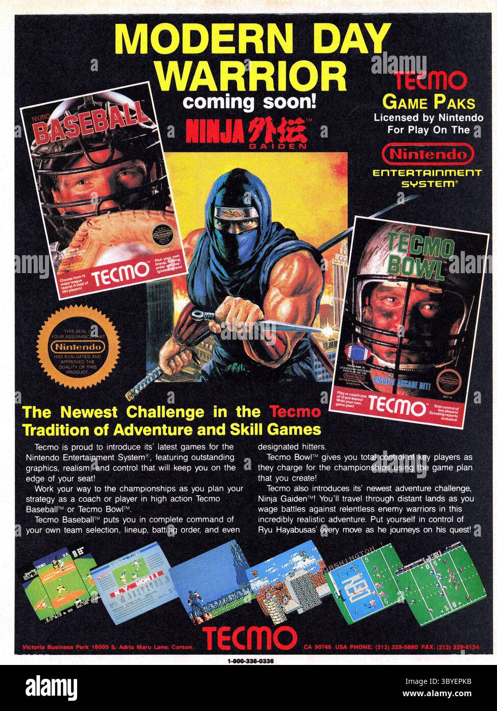 1989 Tecmo video games ad: Nonja garden, baseball, Tecmo bowl ad