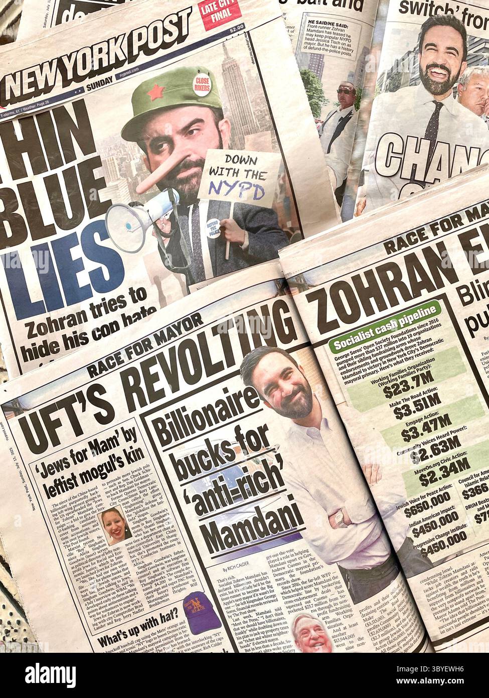 Still life of July 2025 New York Post newspaper coverage of Zohran Mamdani socialist beliefs, New York City, USA - Smartphone Captured Stock Image