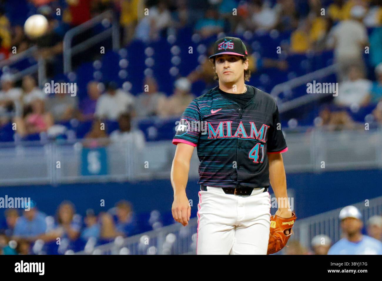MIAMI, FL - JULY 19: Miami Marlins pitcher Cal Quantrill (47) looks on ...