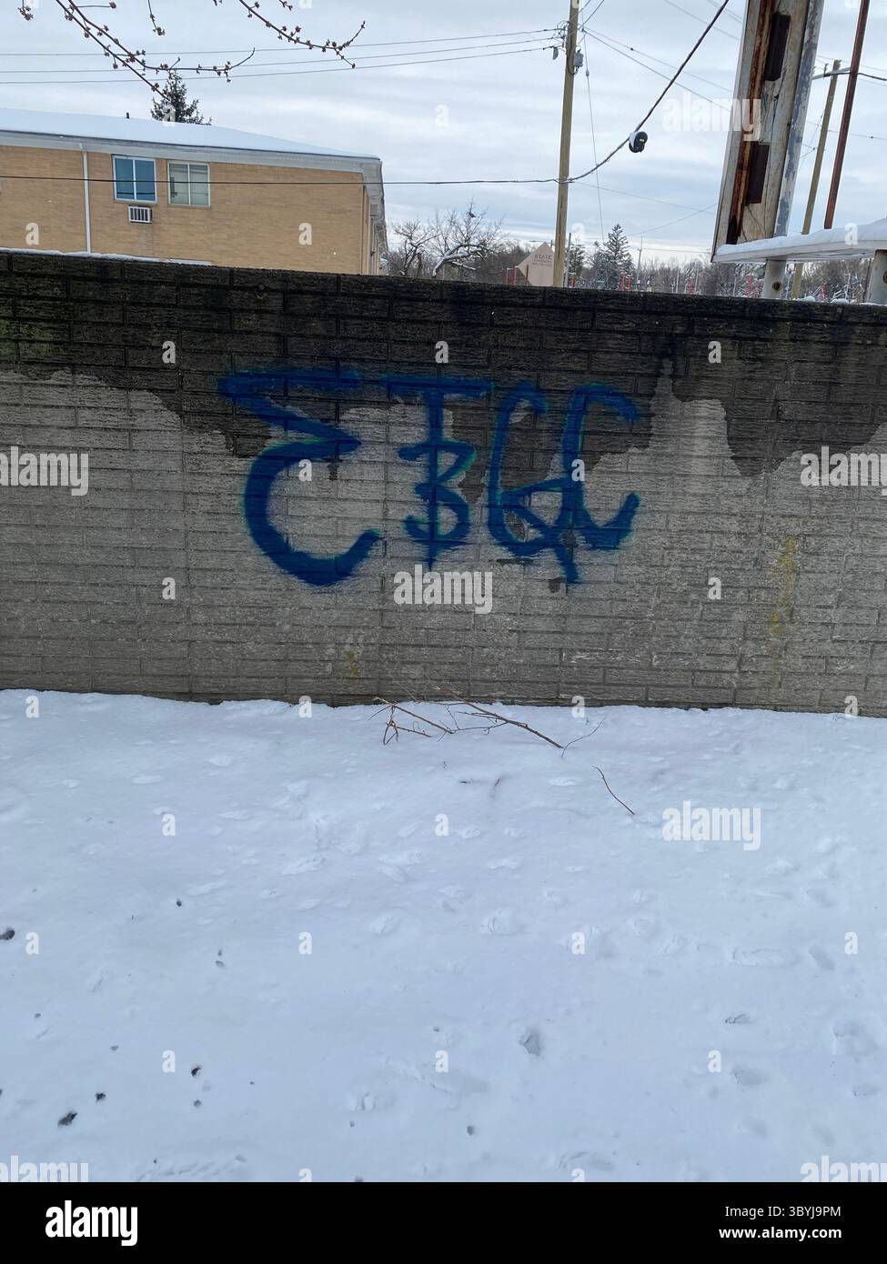 W7M ScoreGang graffiti. Crip set known for street-level disputes, petty crime, and extensive graffiti tagging in Detroit's Five Points neighborhood. - Smartphone Captured Stock Image