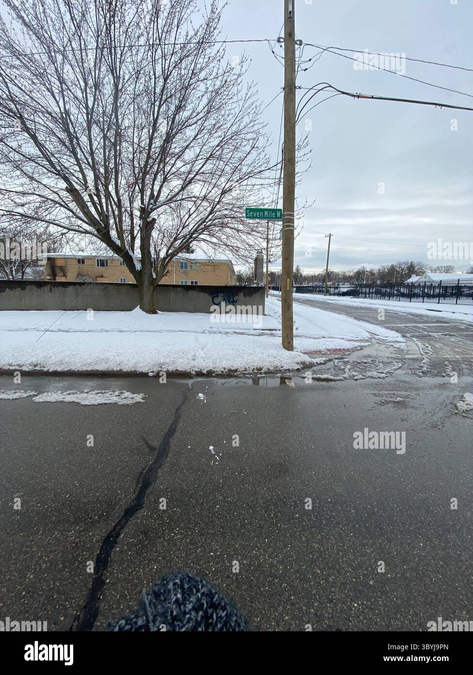 W7M ScoreGang graffiti. Crip set known for street-level disputes, petty crime, and extensive graffiti tagging in Detroit's Five Points neighborhood. - Smartphone Captured Stock Image
