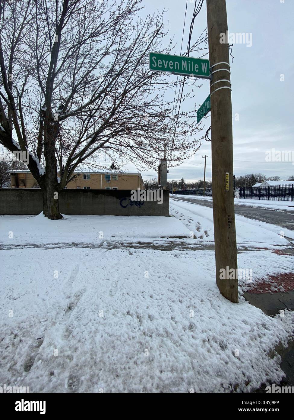 W7M ScoreGang graffiti. Crip set known for street-level disputes, petty crime, and extensive graffiti tagging in Detroit's Five Points neighborhood. - Smartphone Captured Stock Image