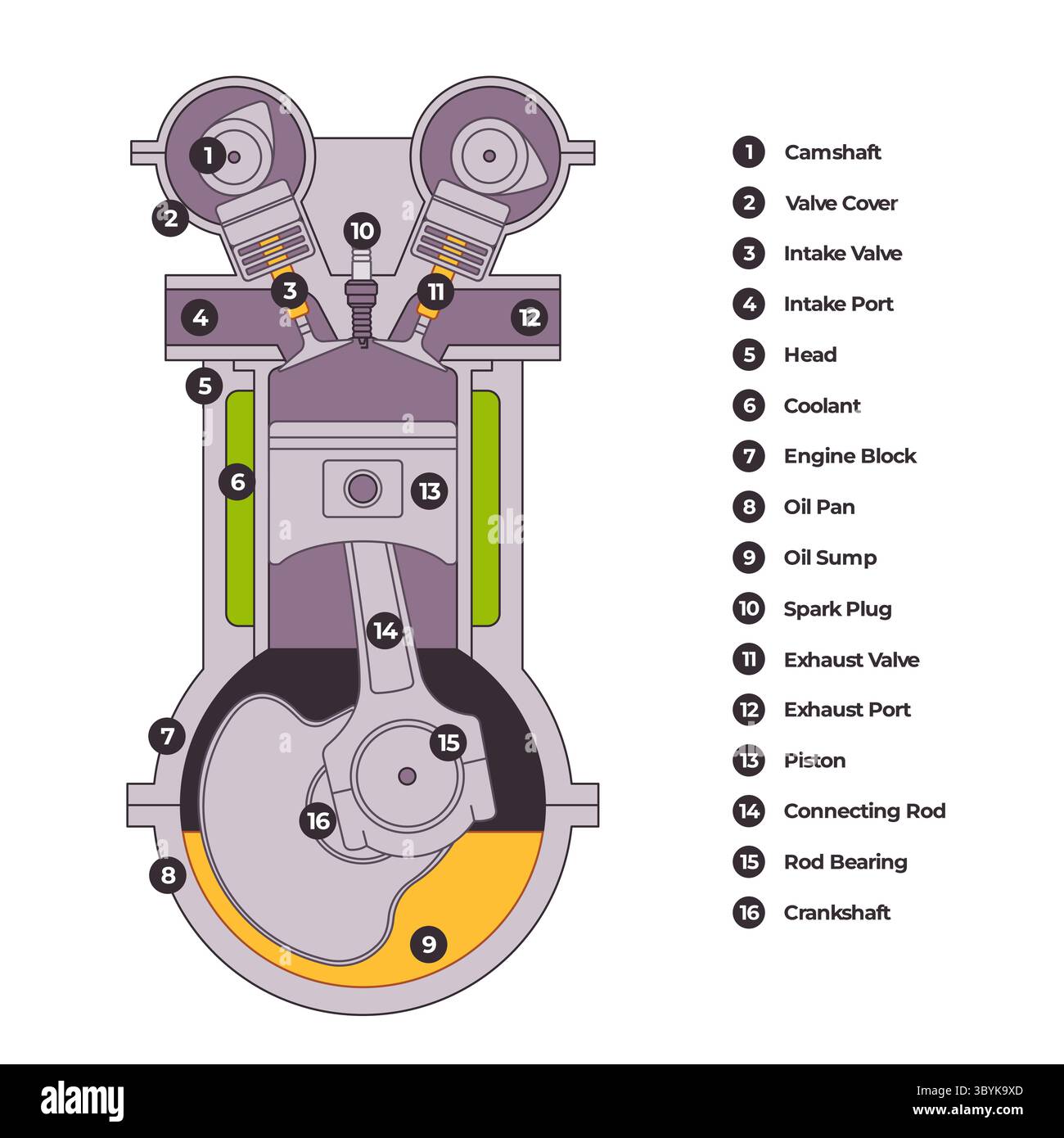 Piston illustration detailed cutaway diagram of a typical internal combustion piston engine showcasing its essential components and their mechanical Stock Vector