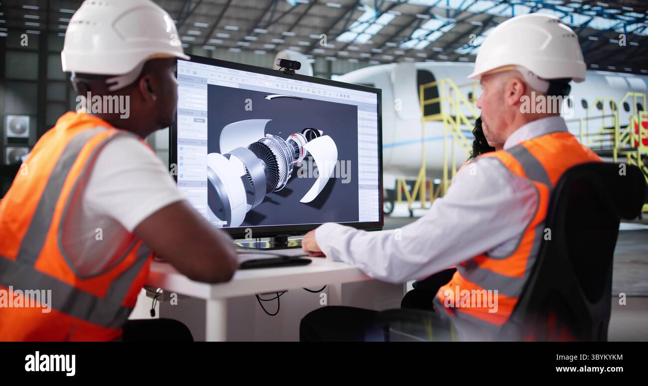 Young Latinx Designer Developing Aircraft Engine CAD Design On Computer Screen. Stock Photo