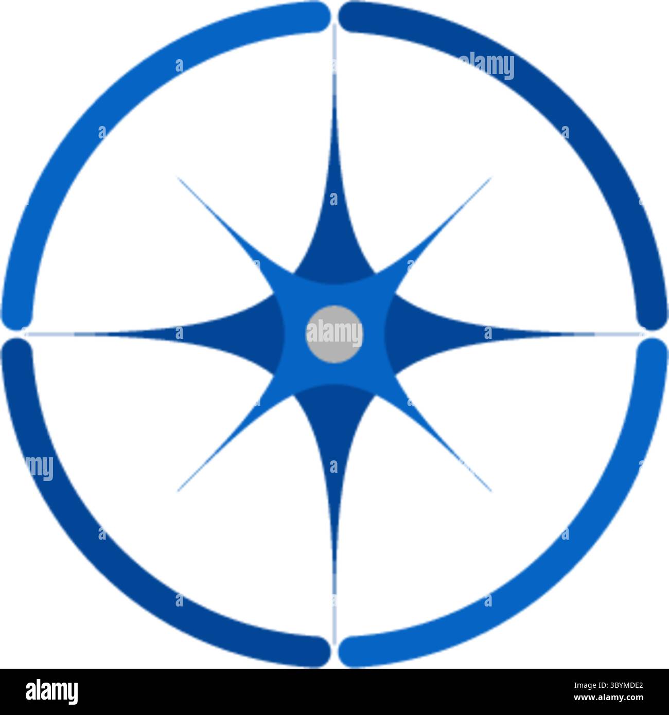 A stylized blue starburst with radiating points is centered within a segmented blue circular frame, suggesting direction and navigation. Stock Vector