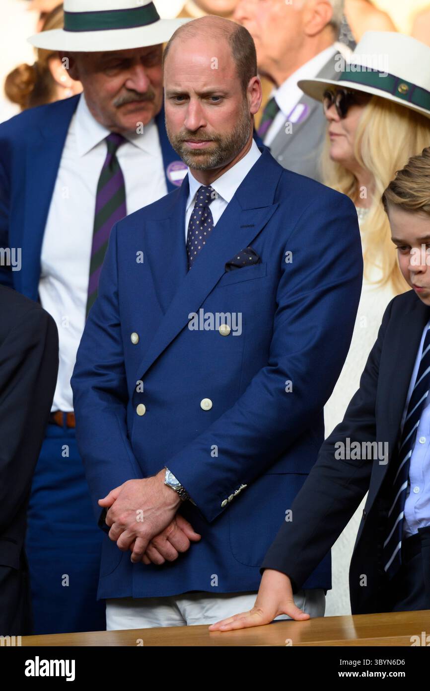 LONDON, UNITED KINGDOM - July 13:  HRH William, The Prince of Wales attends the men’s singles tennis finals on centre court  during day fourteen of the 2025 Wimbledon Championships at The All England Lawn Tennis and Croquet Club in Wimbledon on July 13, 2025, in London, United Kingdom Stock Photo