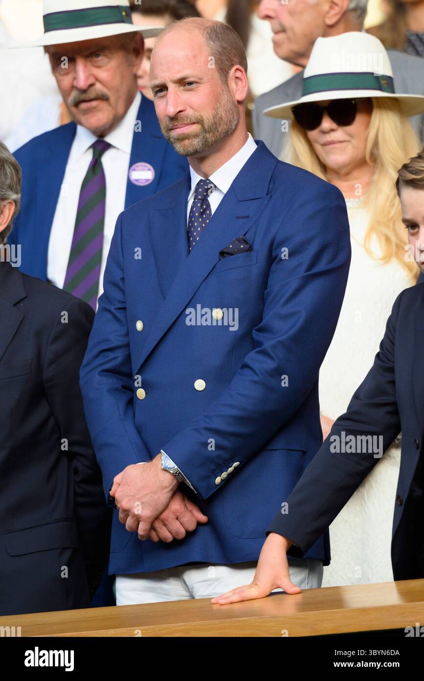 LONDON, UNITED KINGDOM - July 13:  HRH William, The Prince of Wales attends the men’s singles tennis finals on centre court  during day fourteen of the 2025 Wimbledon Championships at The All England Lawn Tennis and Croquet Club in Wimbledon on July 13, 2025, in London, United Kingdom Stock Photo