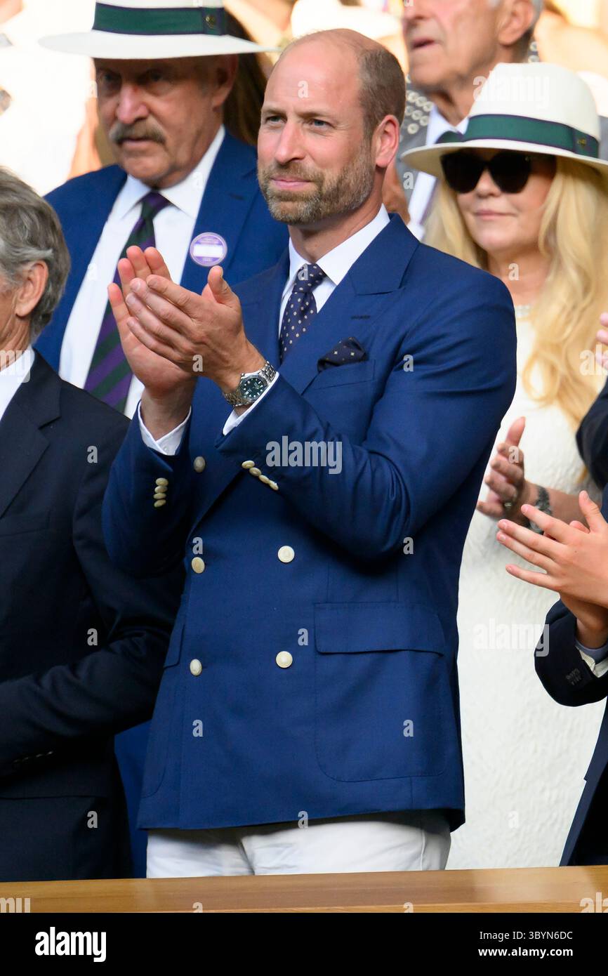 LONDON, UNITED KINGDOM - July 13:  HRH William, The Prince of Wales attends the men’s singles tennis finals on centre court  during day fourteen of the 2025 Wimbledon Championships at The All England Lawn Tennis and Croquet Club in Wimbledon on July 13, 2025, in London, United Kingdom Stock Photo