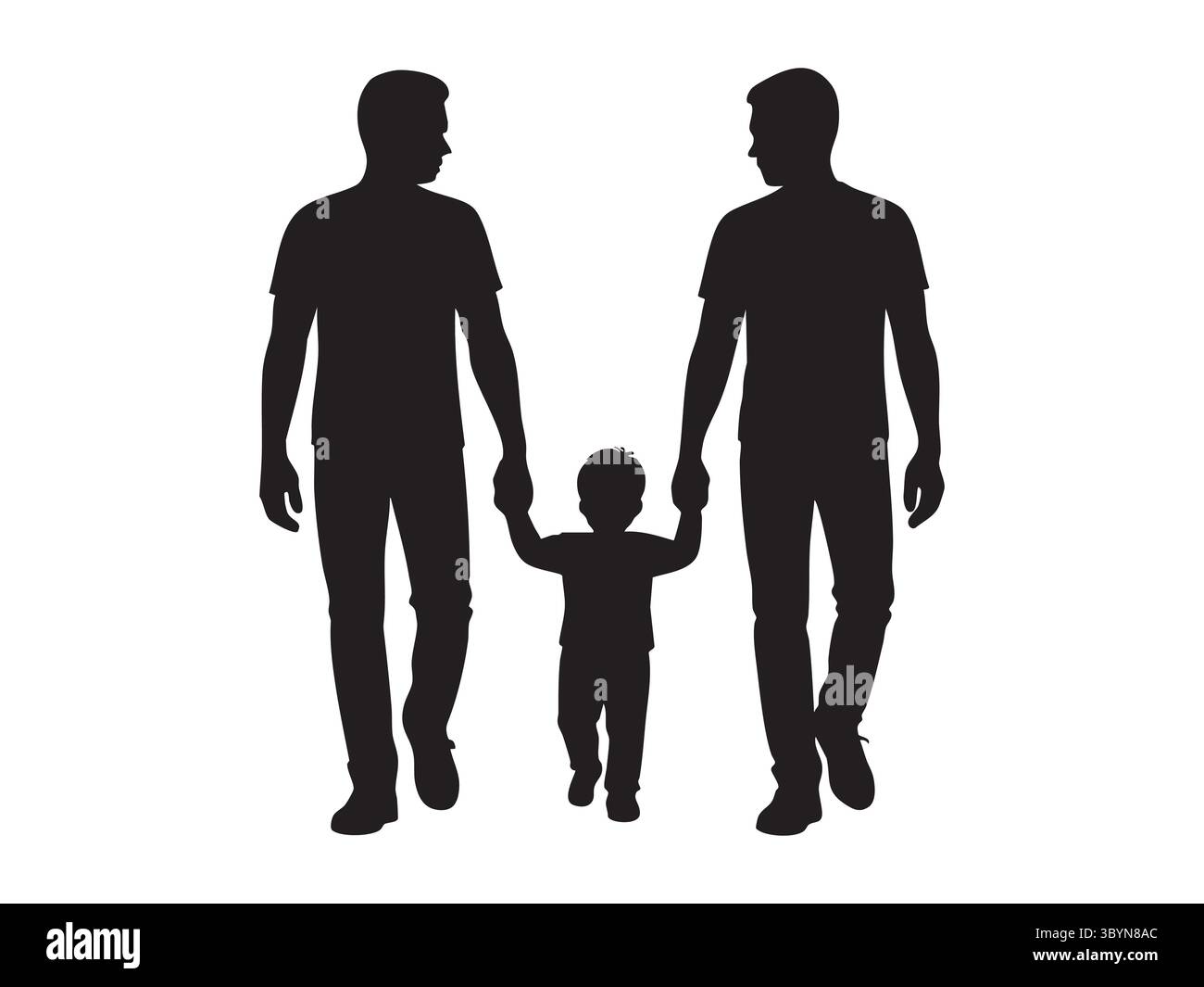 Black silhouette of two men holding hands with child, isolated on white ...