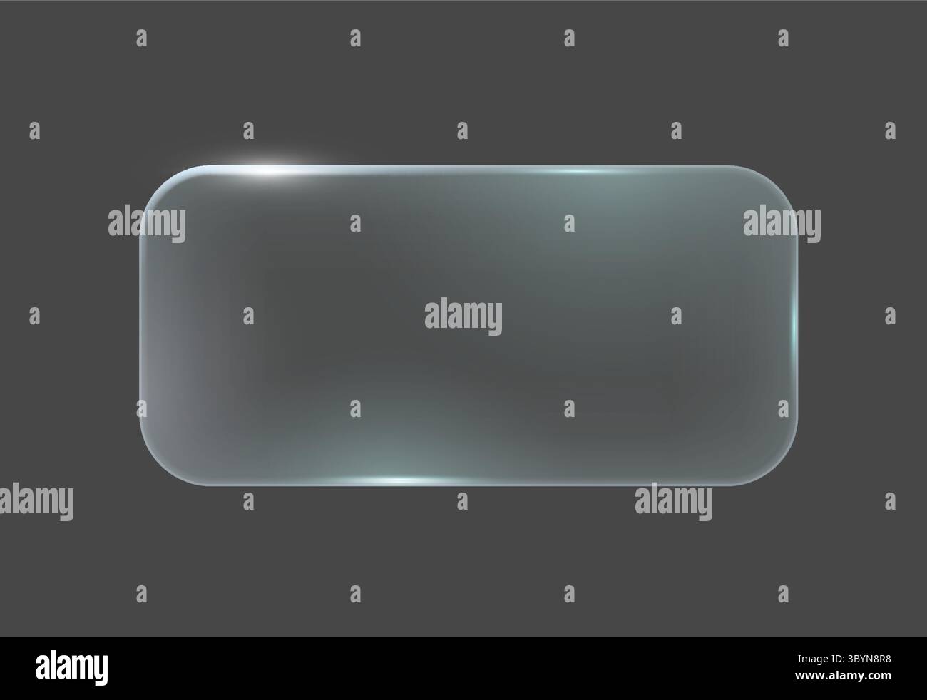 Glossy rectangular glass button with rounded corners on dark background. Sleek, minimalist design with subtle reflections, suitable for modern interfa Stock Vector
