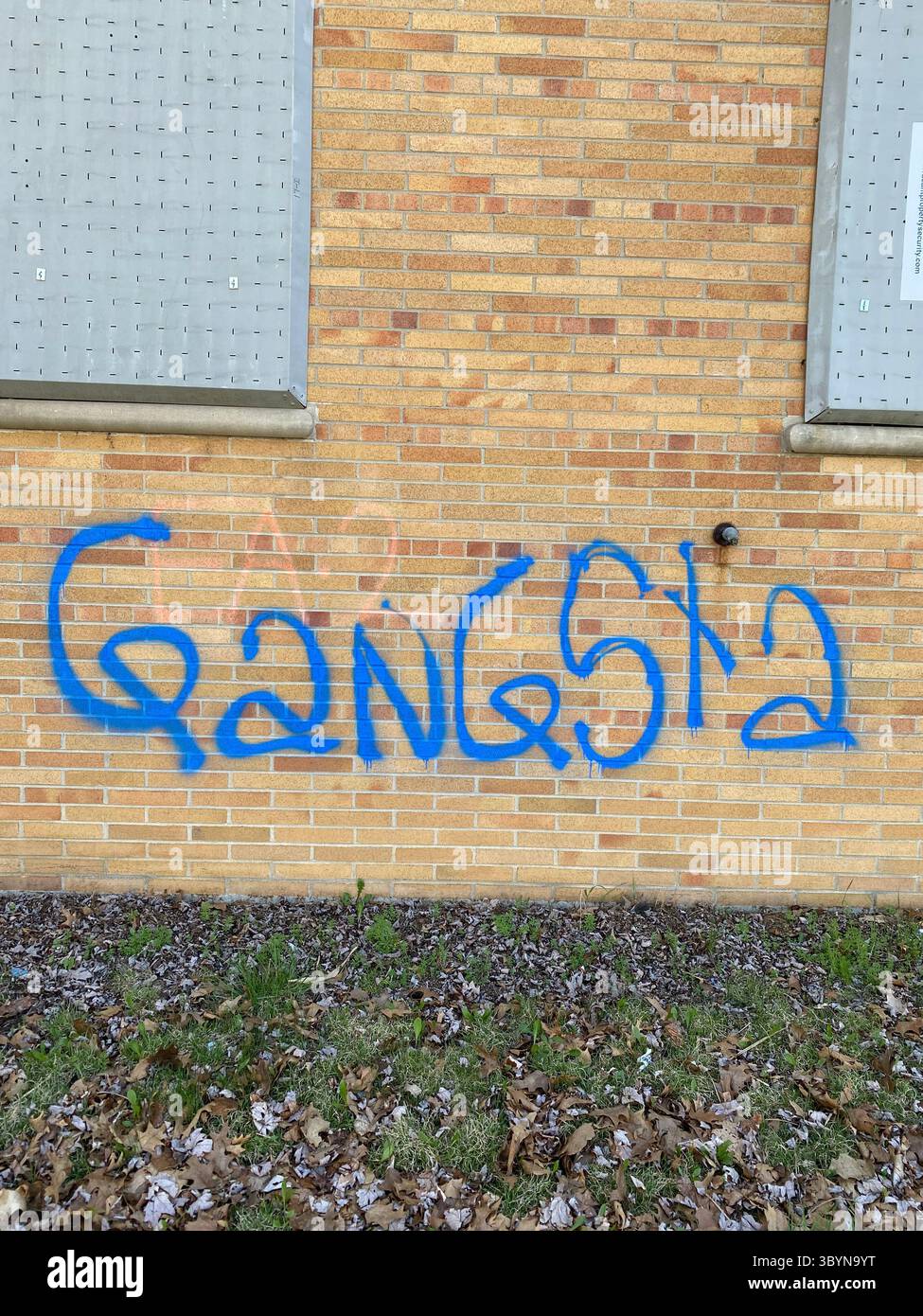 ScoreGang, Detroit Crips subset, ‘GANGSTA’ graffiti tag in blue paint, Five Points Detroit, ‘Gangsta’ denotes Crips descriptor. - Smartphone Captured Stock Image