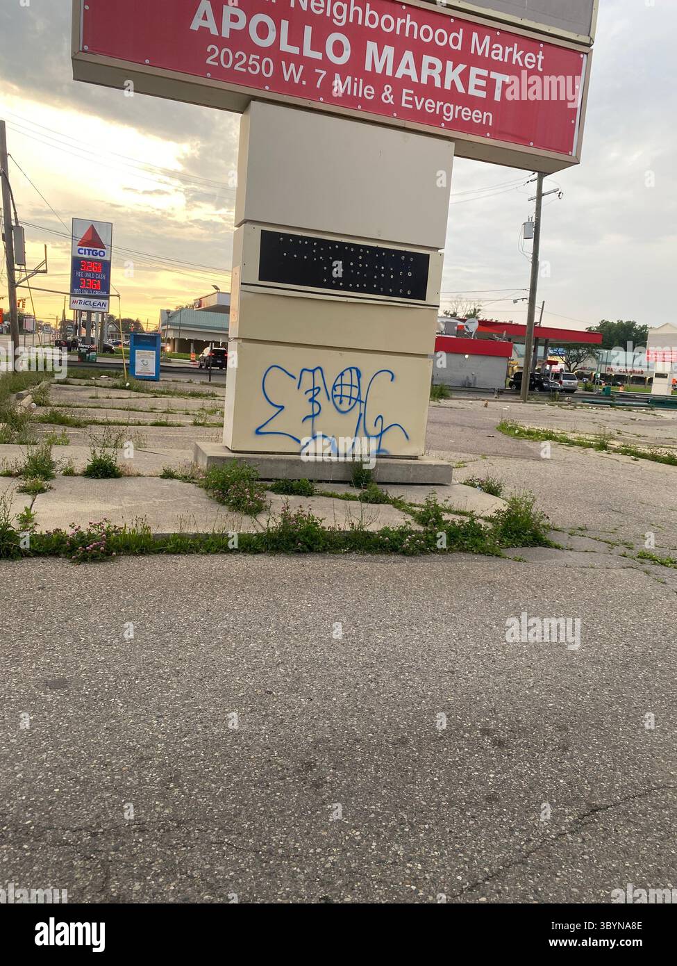 ScoreGang, "ETGC" tags seen on abandoned pylon sign in Five Points, a Detroit-based Crips subset, predominantly African American, assocd. w/ vandalism - Smartphone Captured Stock Image
