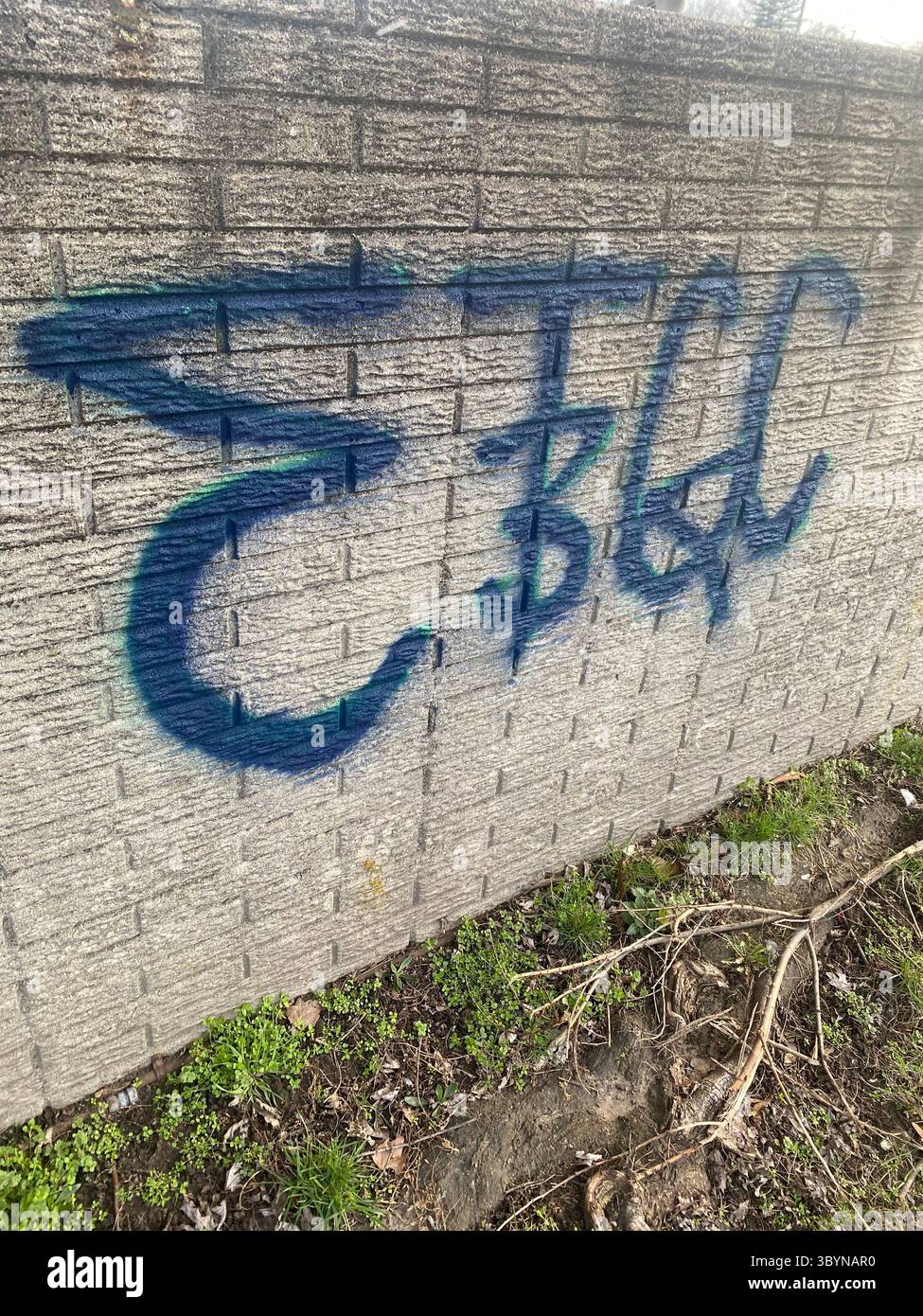 W7M ETGC (ScoreGang) graffiti tags in Detroit Five Points, blue paint, youth penmanship: ‘83 BACCWEST,’ ‘ETGC,’ 'WESTSIDE 7MILE,' ‘24500 Blocc.’ - Smartphone Captured Stock Image