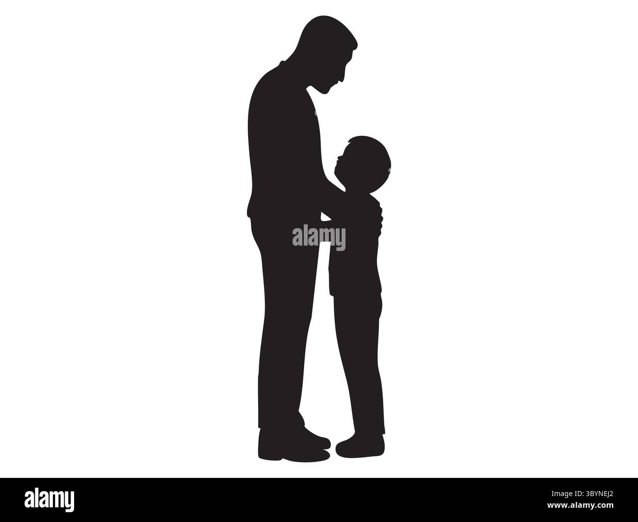 Black silhouette of standing man and child embracing, isolated on white ...