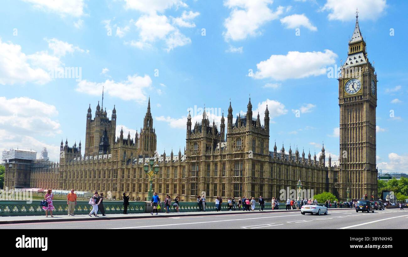 London, Great Britain – May 15, 2014. The Palace of Westminster, the meeting place of the Parliament of the United Kingdom, in London, England. View w Stock Photo