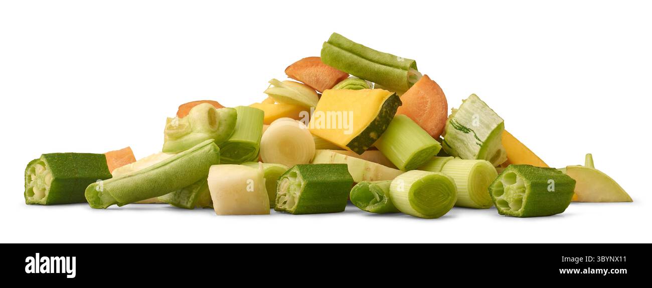 pile of various chopped vegetables isolated white background, okra slices, carrot, leeks or green onions, pumpkin chunks, ingredients used in home Stock Photo