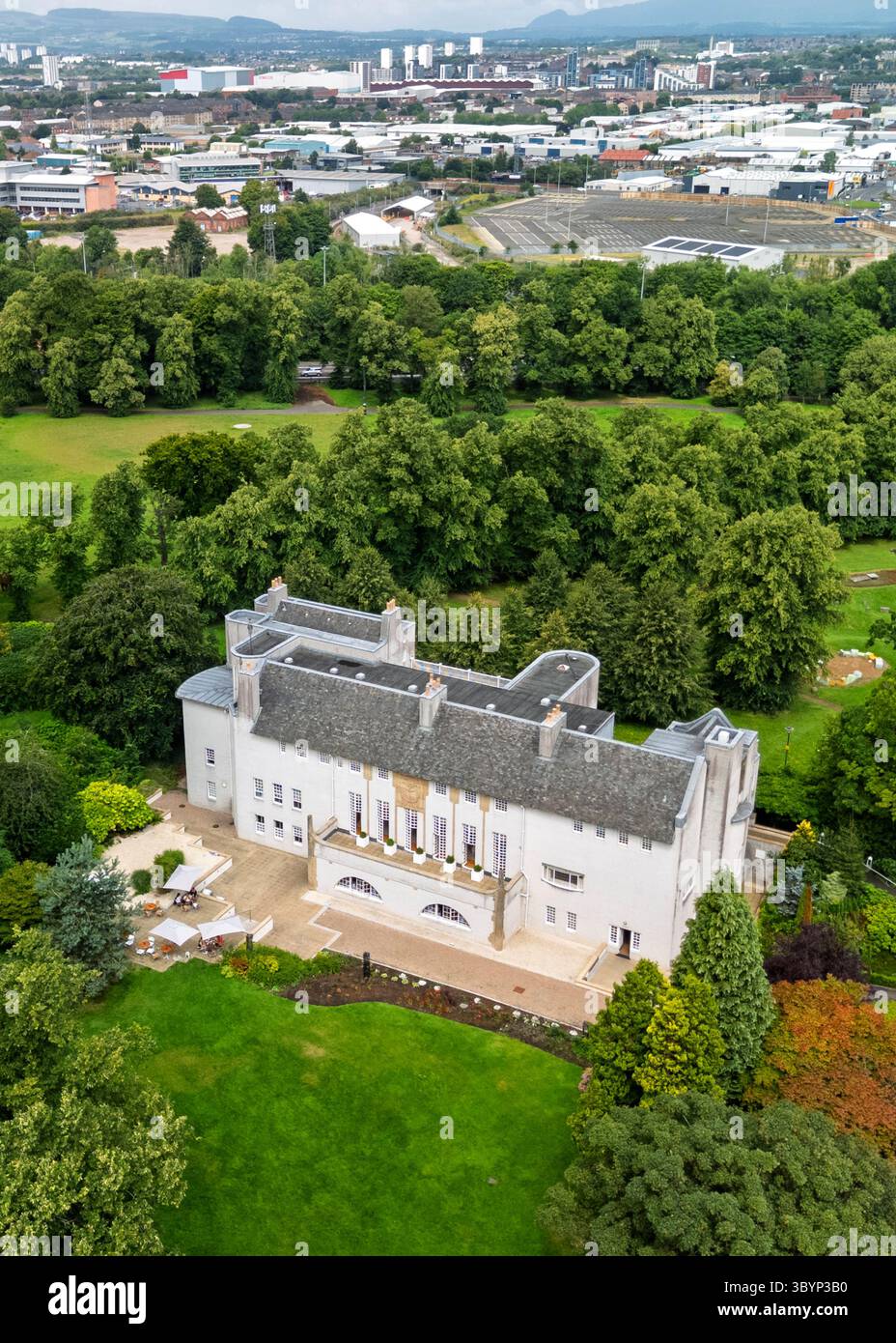 Aerial view of House for an Art Lover, based on a design by Charles Rennie Mackintosh in Bellahouston Park, Glasgow, Scotland, uk Stock Photo