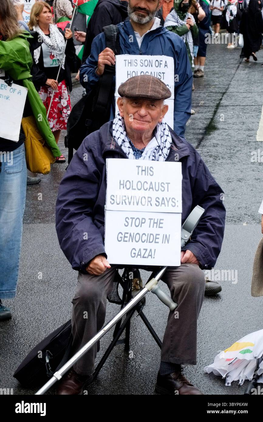 London, UK - 19 July 2025 - Stephen Kapos, (87) a Jewish holocaust survivor at the National March for Palestine 'Stop Starving Gaza' protest. Stock Photo